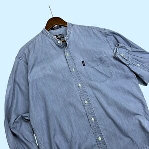 Chaps Ralph Lauren Womens 16 Band Collar Button‎ Up Chombray Shirt Blue Cotton